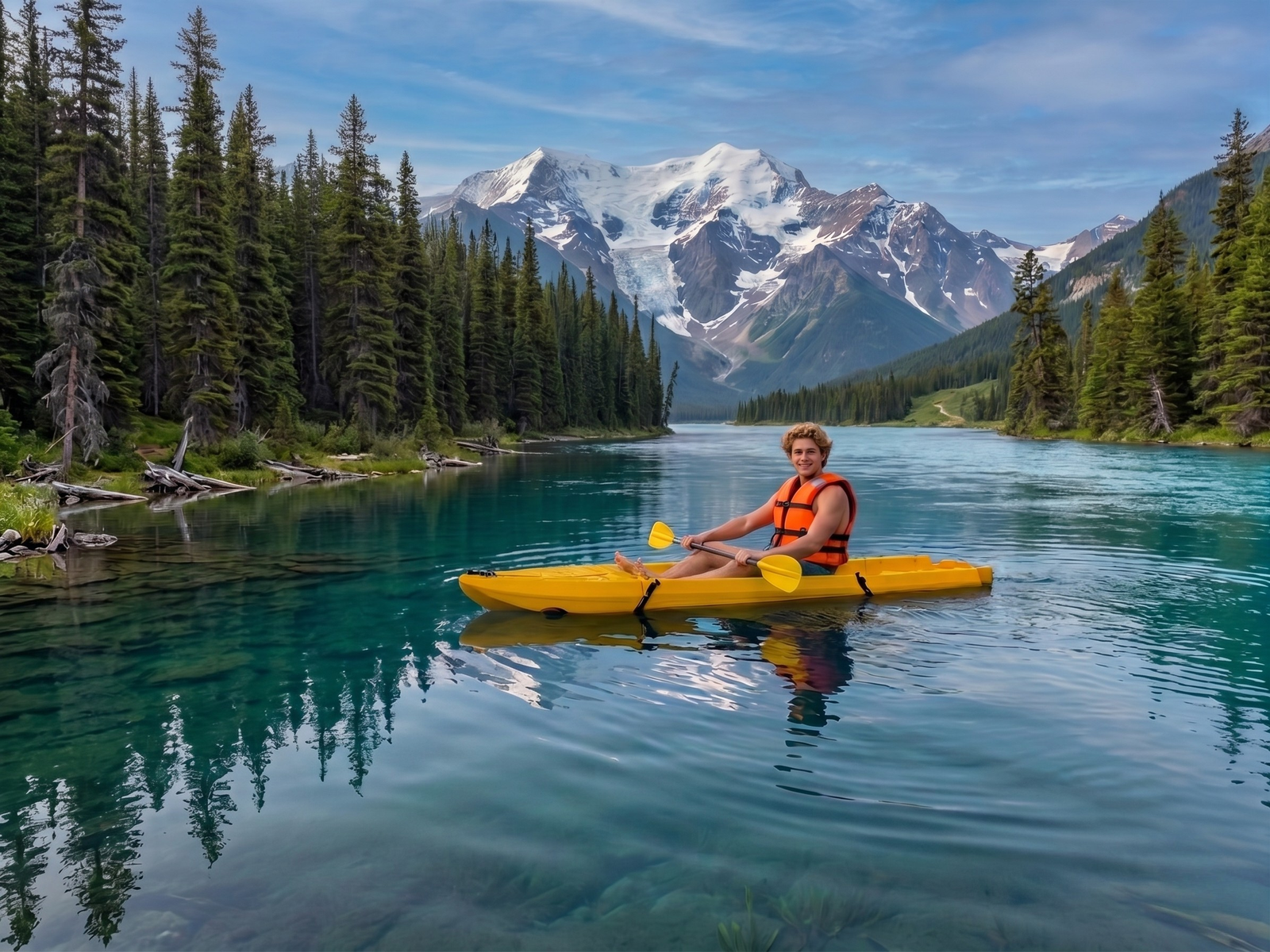 young adult male on a joyn sit on top modular kayak, lake.